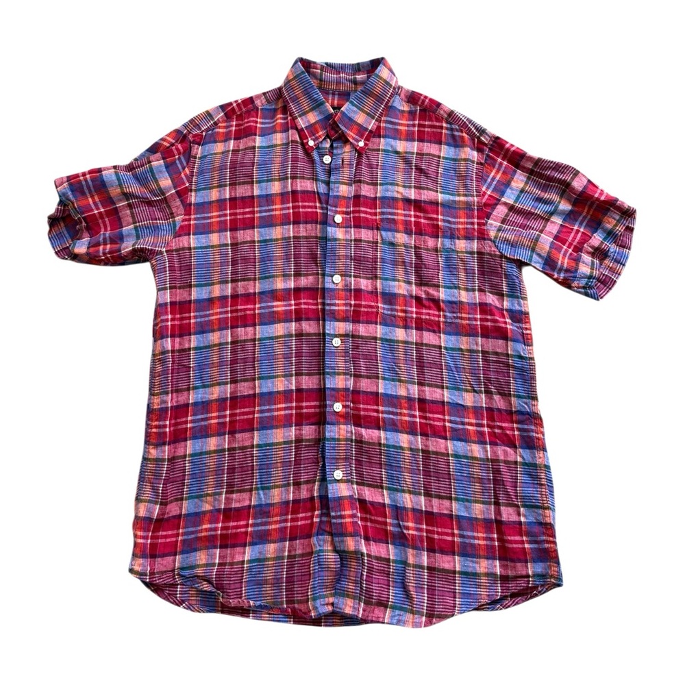 Orvis Linen Plaid Button Down Shirt Mens Large Red Blue Short Sleeve Lightweight